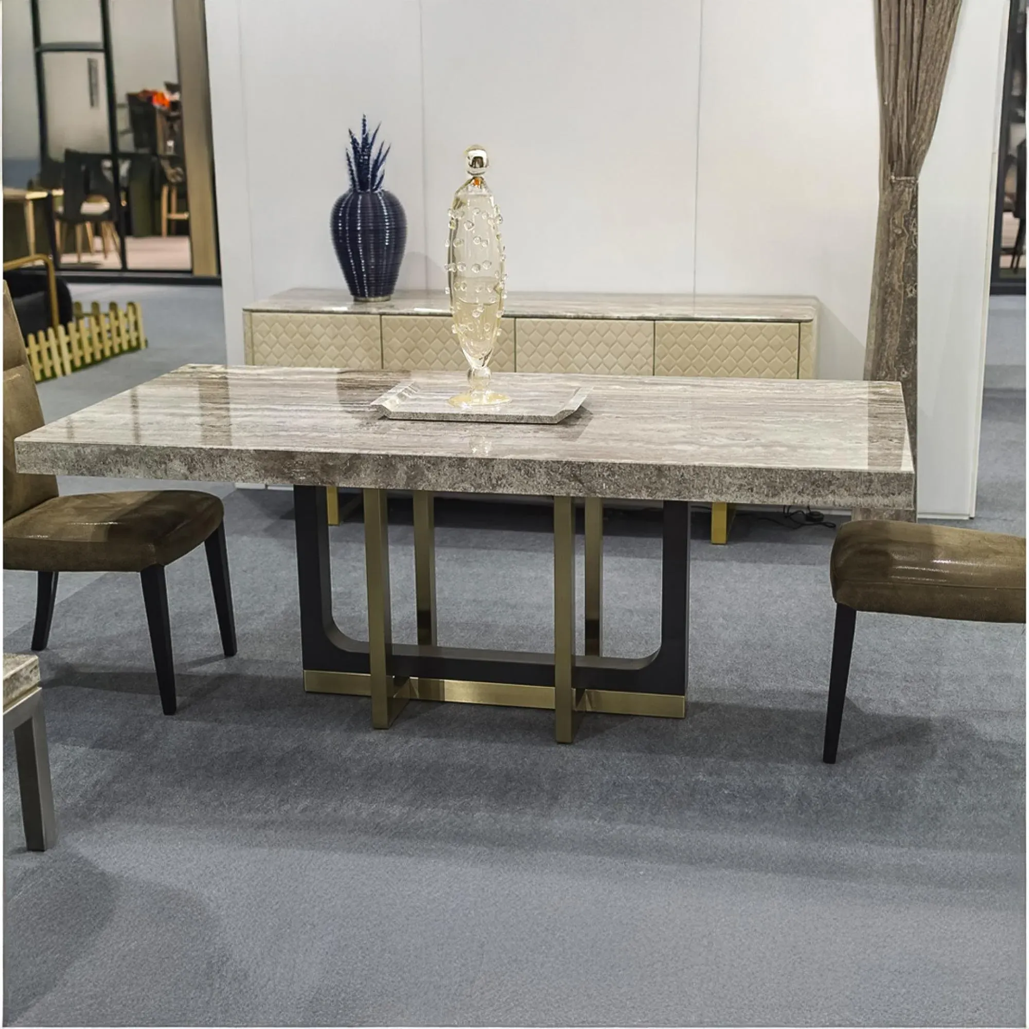 Harry Dining Table with Metal Pedestal Base - Marble