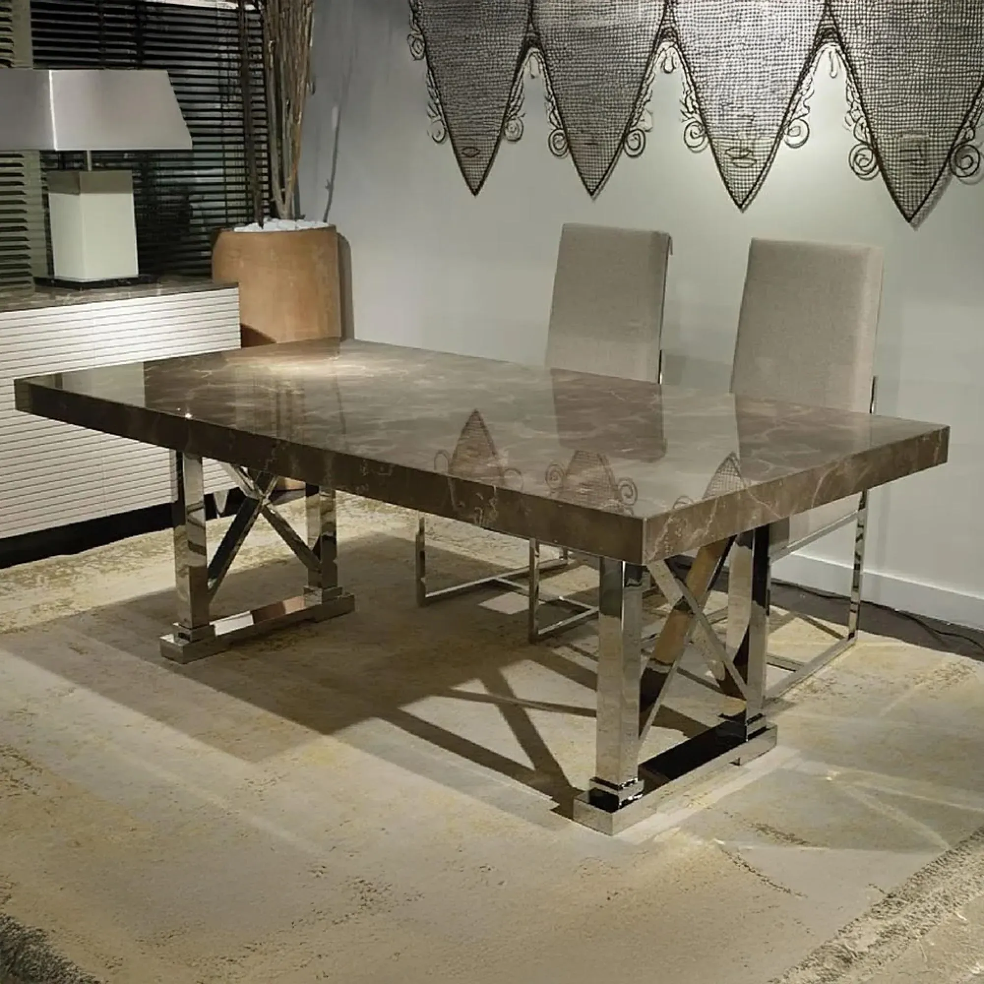 Impero Pedestal Dining Table - Marble, Stainless Steel