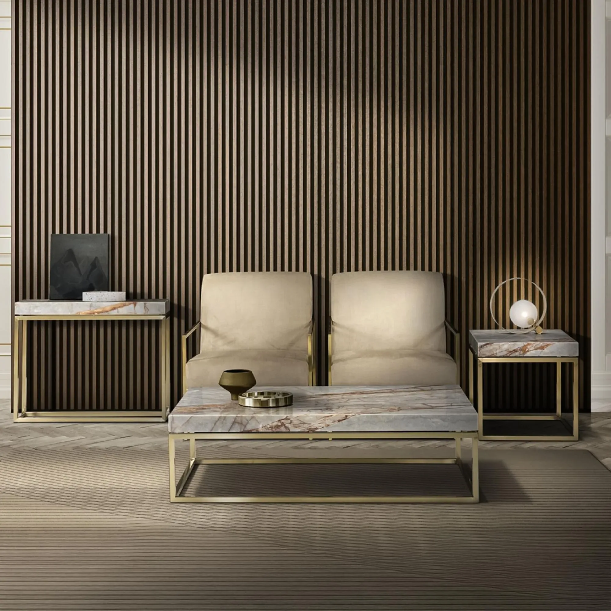 Kubo Occasional Table with Brass Base - Brown, Marble