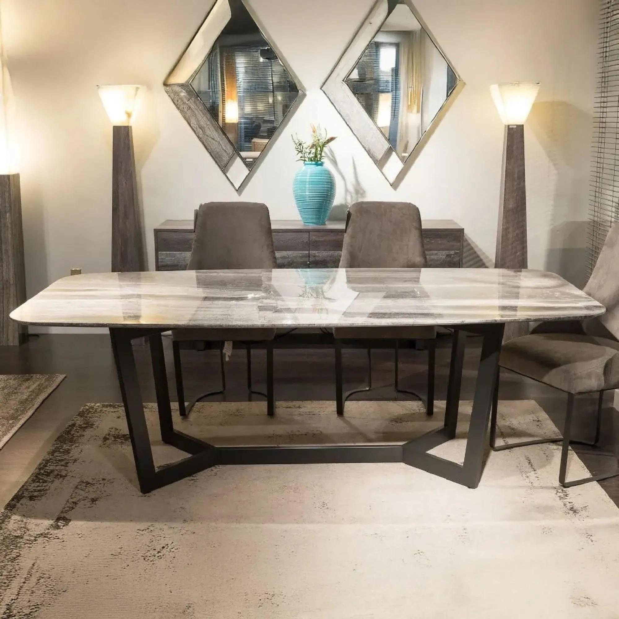 Oscar Dining Table with Metal Pedestal Base - Marble