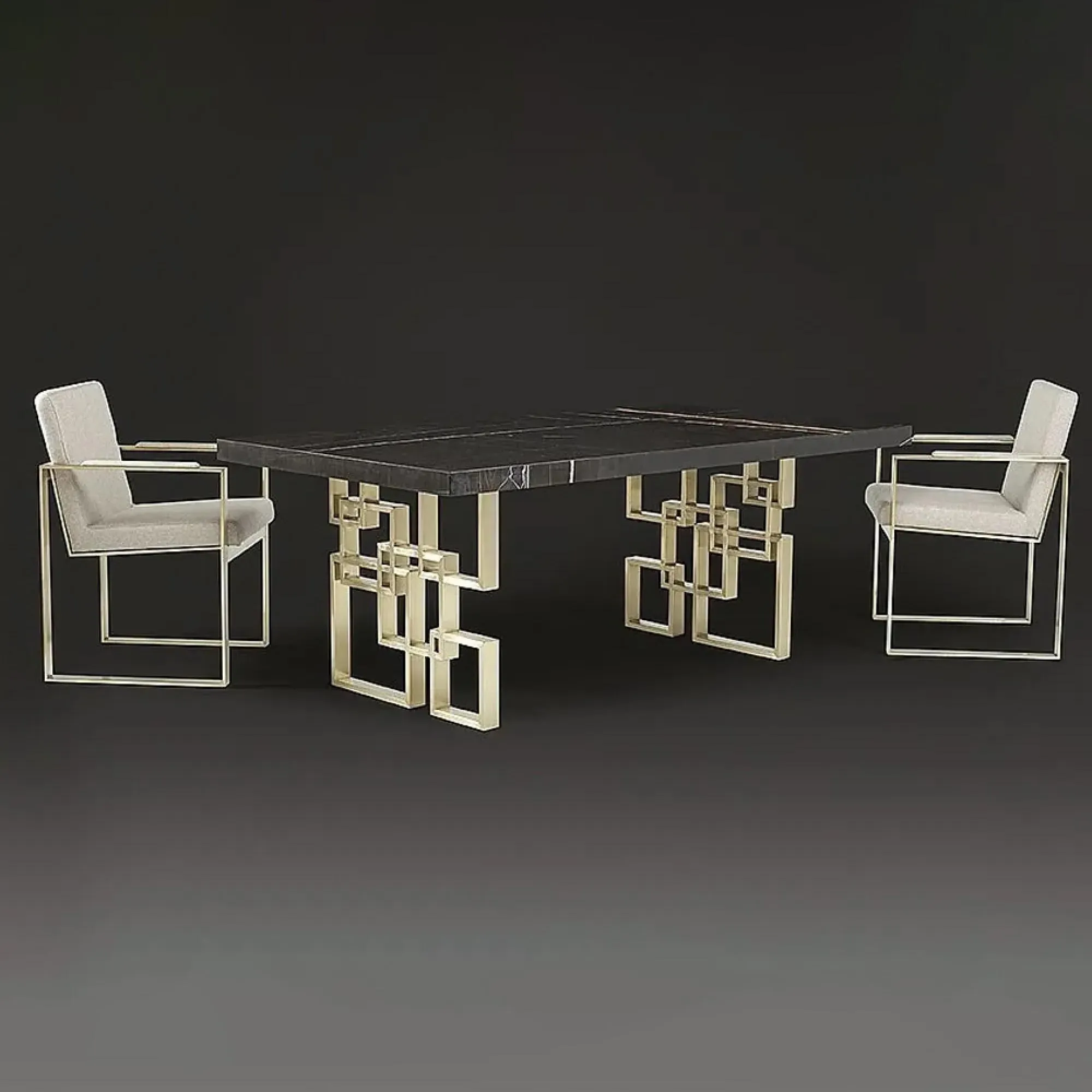 Windows Marble Dining Table with Pedestal Base - Satin Brass