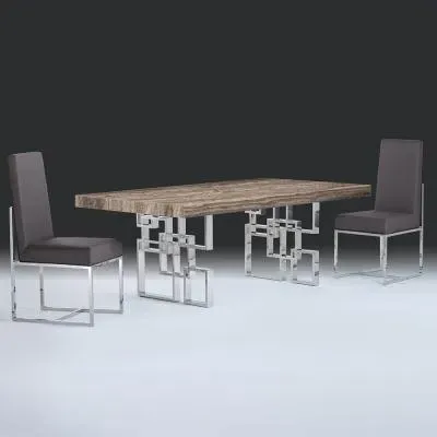 Windows Marble Dining Table with Pedestal Base - Stainless Steel