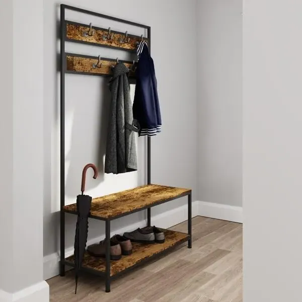 Barren Shoe Bench with Coat Rack - Rustic Oak