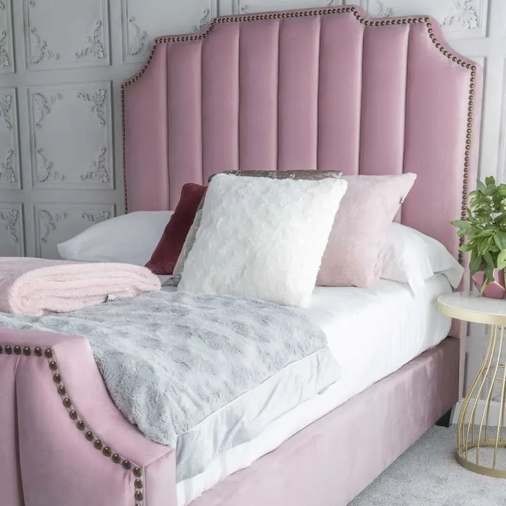 Art Deco King Size Bed Frame - Blush Pink, Velvet