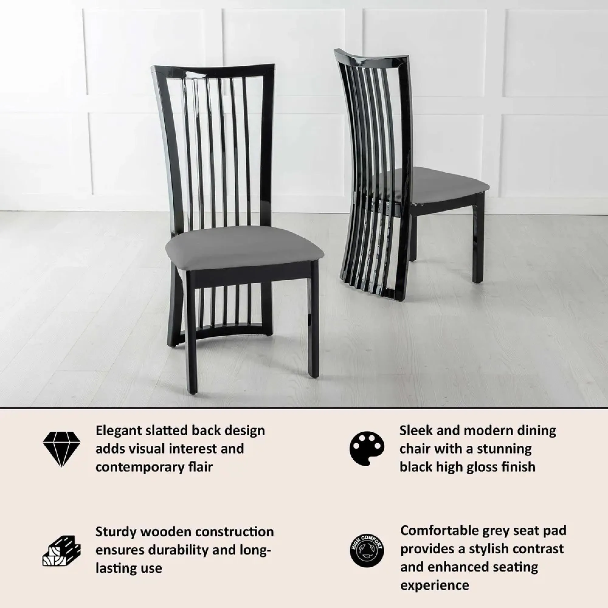 Athena Slatted Back Dining Chair - Black, High Gloss