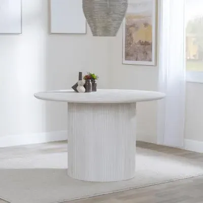 Bern Fluted 4-Seater Round Dining Table with Drum Base - White