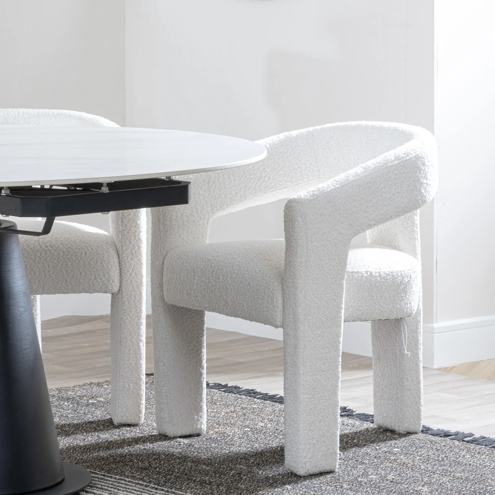 Bern Fluted Dining Set with Kiefer Chairs - Black, Cream Boucle