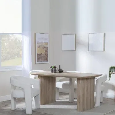 Bern Fluted Dining Set with Kiefer Chairs - Oak, Cream Boucle