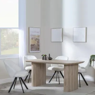 Bern Fluted Rectangular Dining Set with Swivel Chairs - Cream