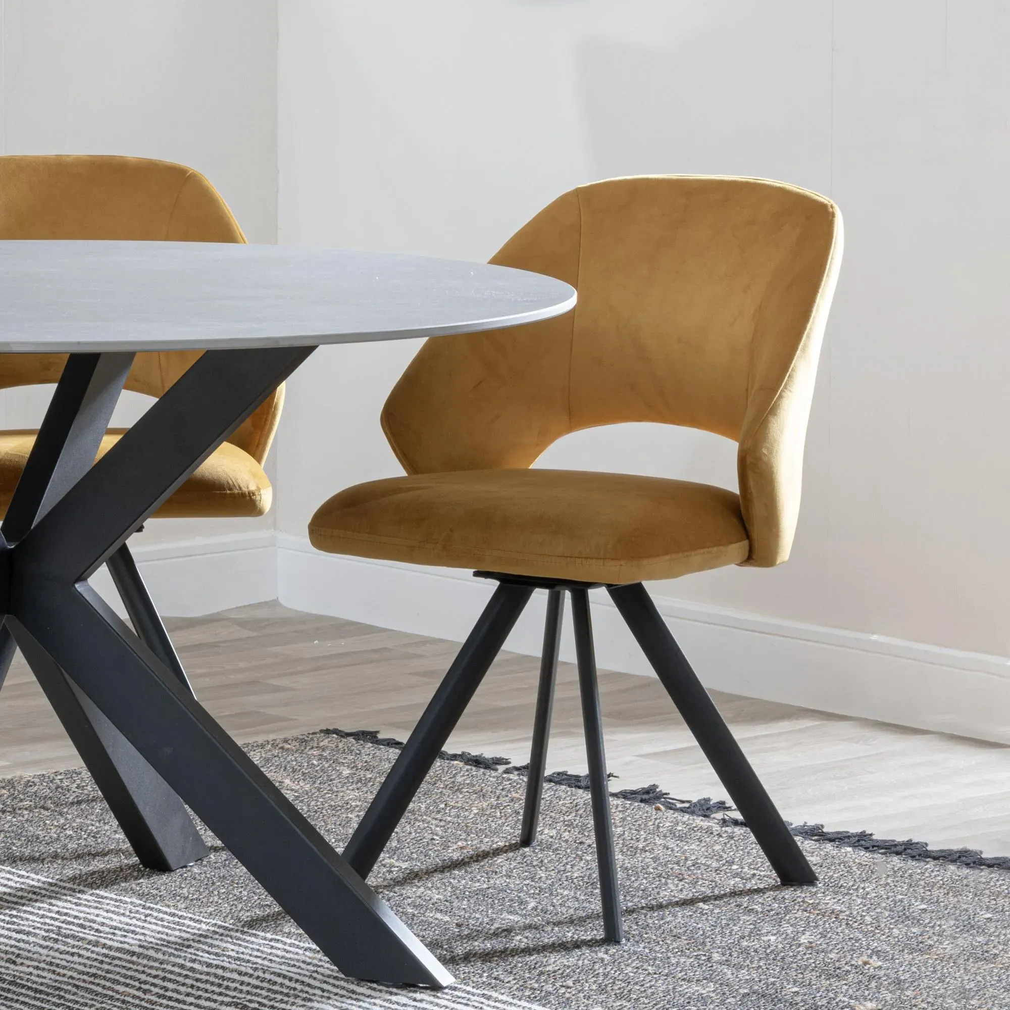 Bern Fluted Rectangular Dining Set with Swivel Chairs - Mustard