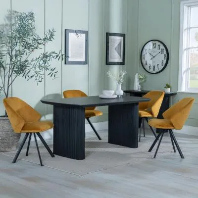 Bern Fluted Rectangular Dining Set with Swivel Chairs - Mustard