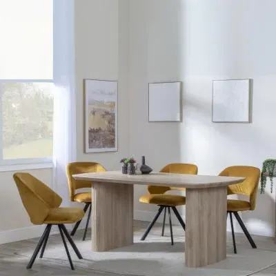 Bern Fluted Rectangular Dining Set with Swivel Chairs - Mustard