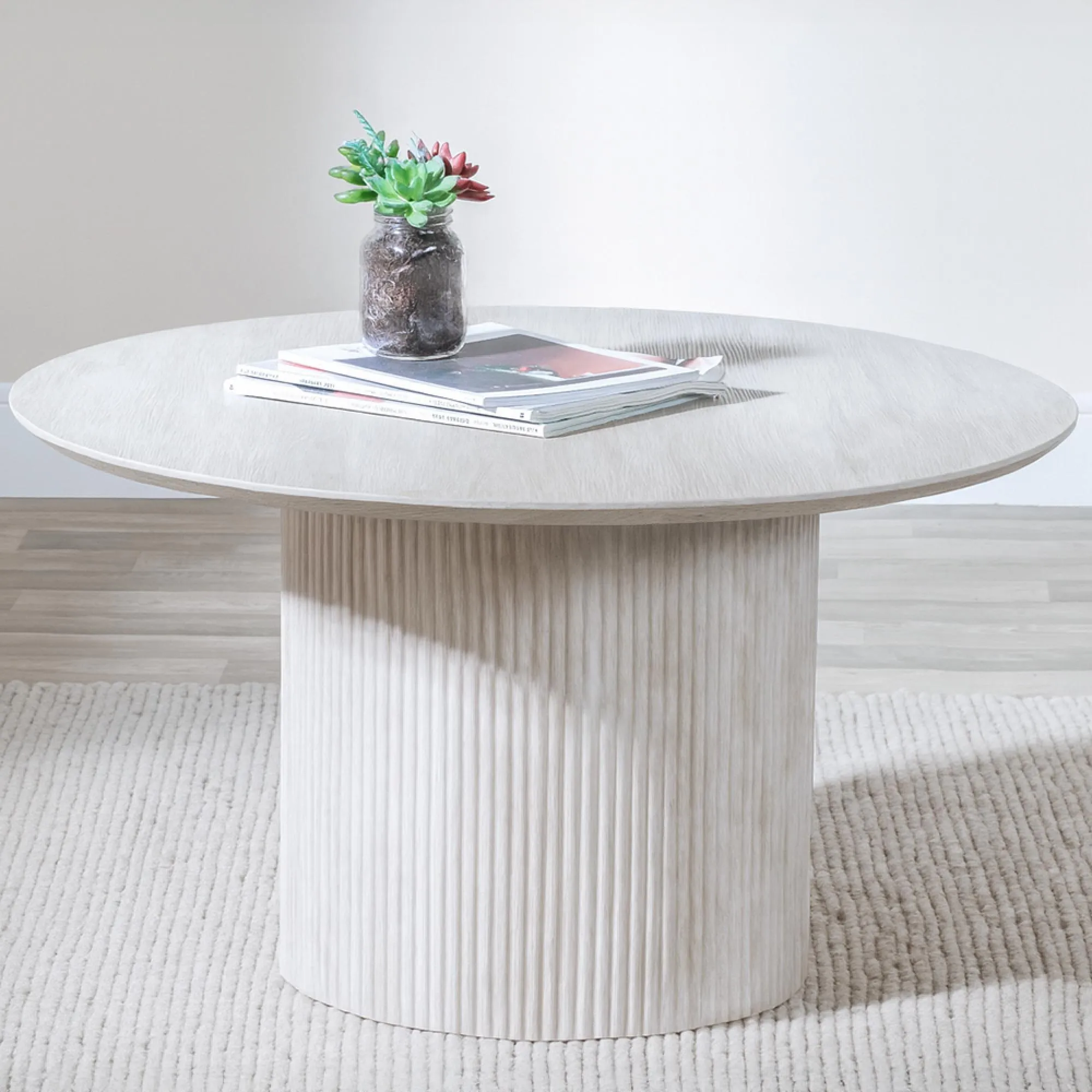 Bern Fluted Round Coffee Table with Drum Base - White Washed Oak
