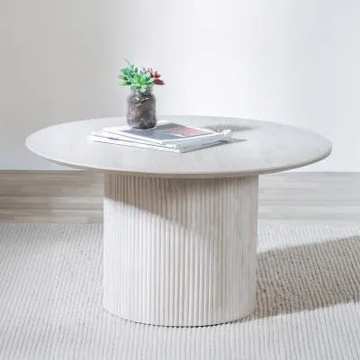 Bern Fluted Round Coffee Table with Drum Base - White Washed Oak