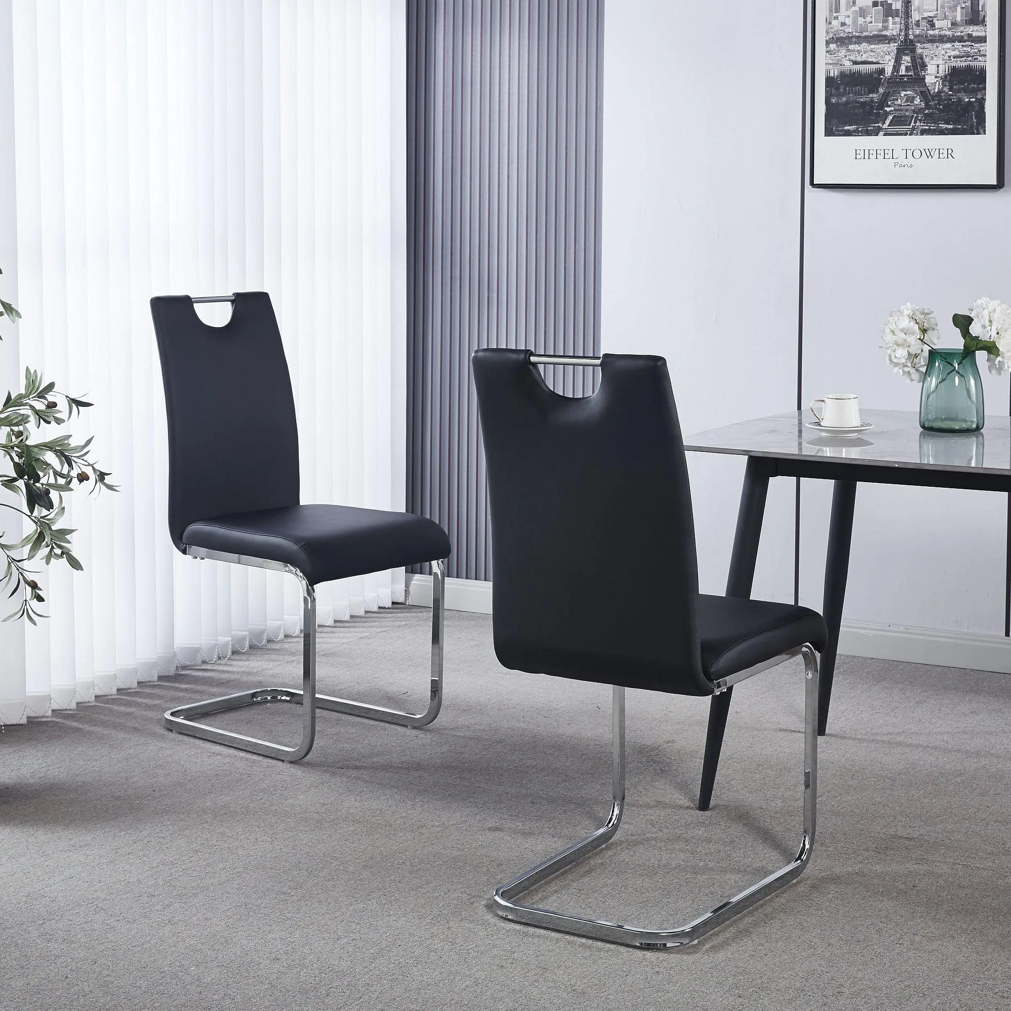 Bianco Cantilever Dining Chair - Black, Faux Leather