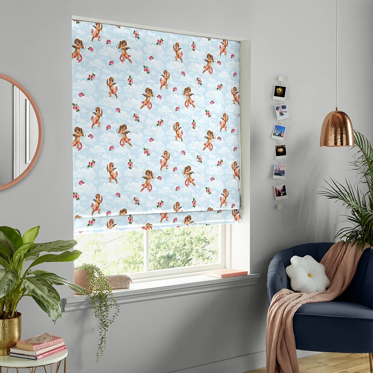 Cherubs Sky Roman Blind - Sky Blue, Cotton