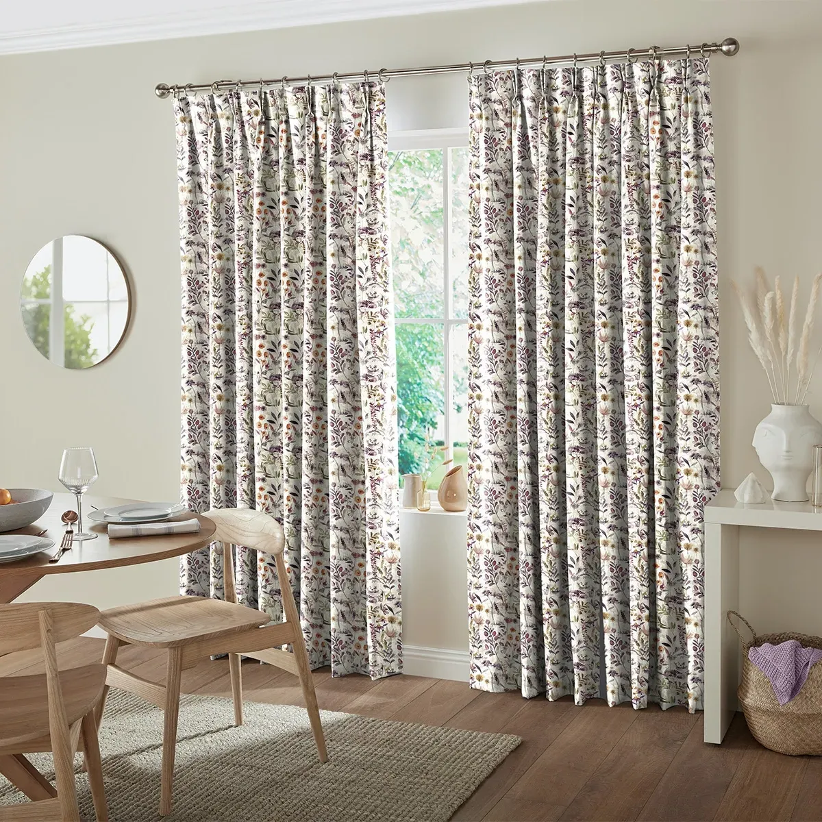 Giles Flowers and Leaves Curtain with Blackout - Berry, Cotton