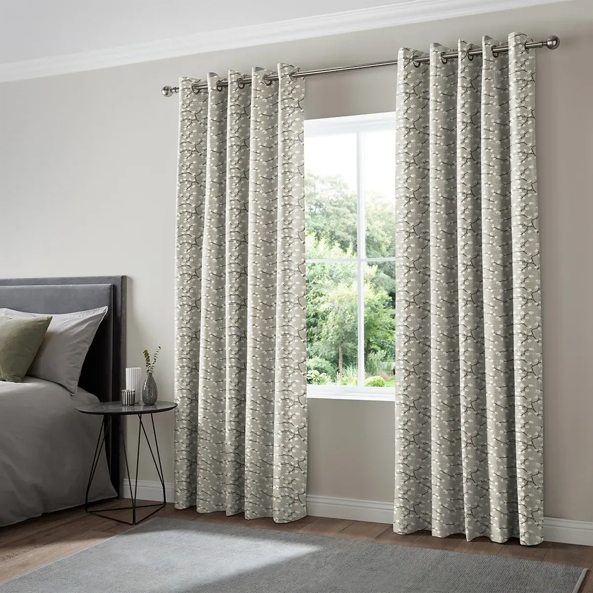 Steer Curtain with Flowers and Leaves Design - Silver, Cotton