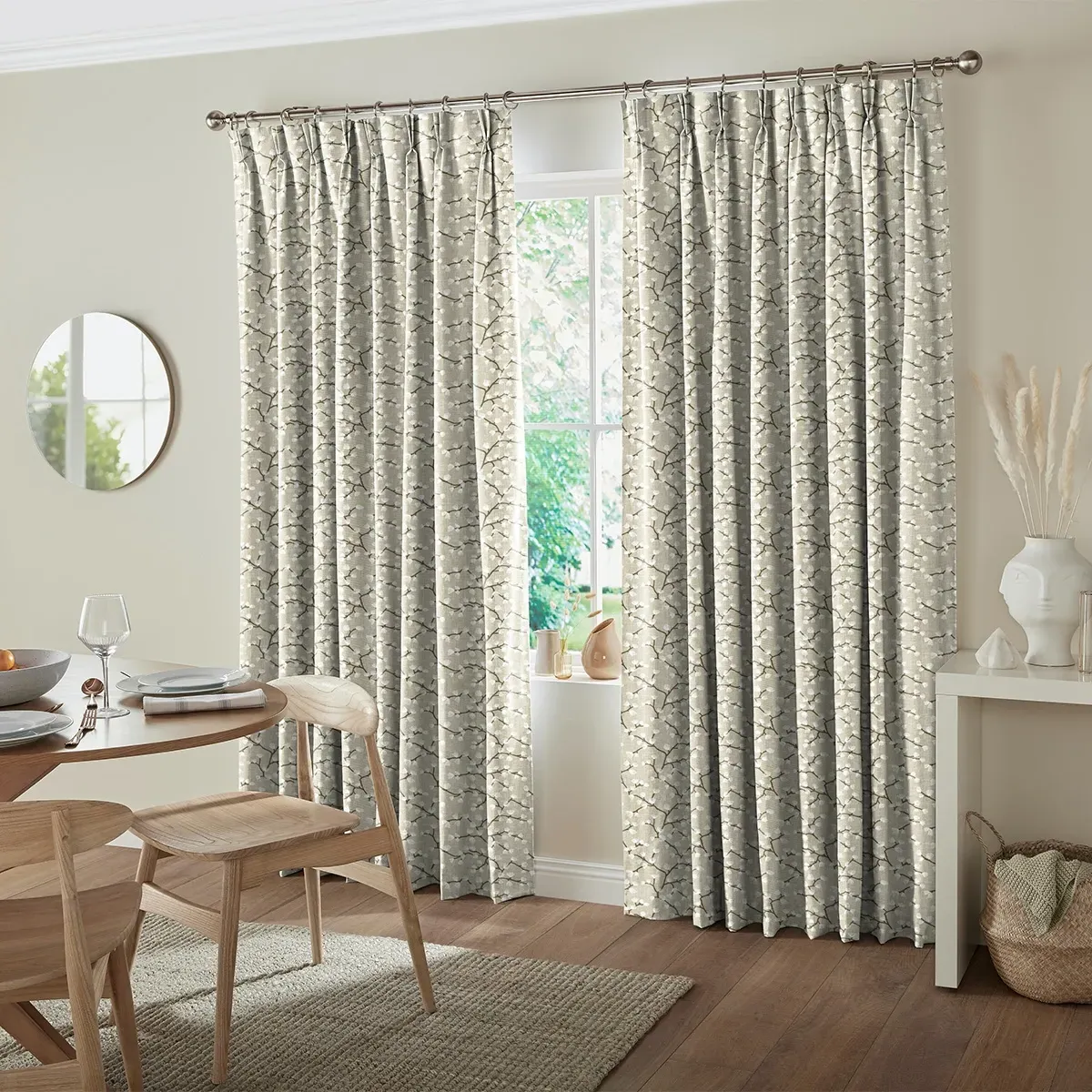 Steer Curtain with Flowers and Leaves Design - Taupe, Cotton