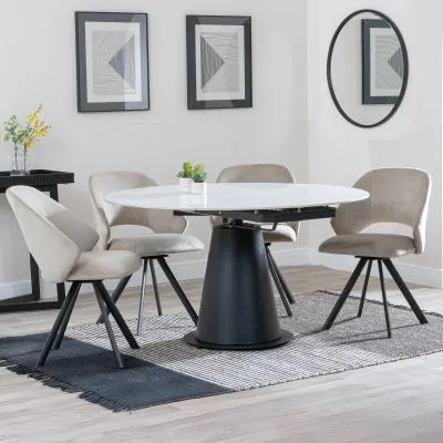 Carrara 4-Seater Round Extending Dining Set - White, Velvet