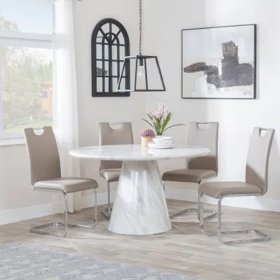 Carrera 4-Seater Round Dining Set with Bianco Chairs - White, Faux Leather image