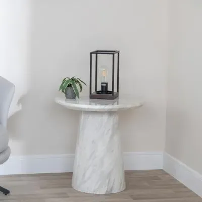 Carrera Round Side Table - White, Marble