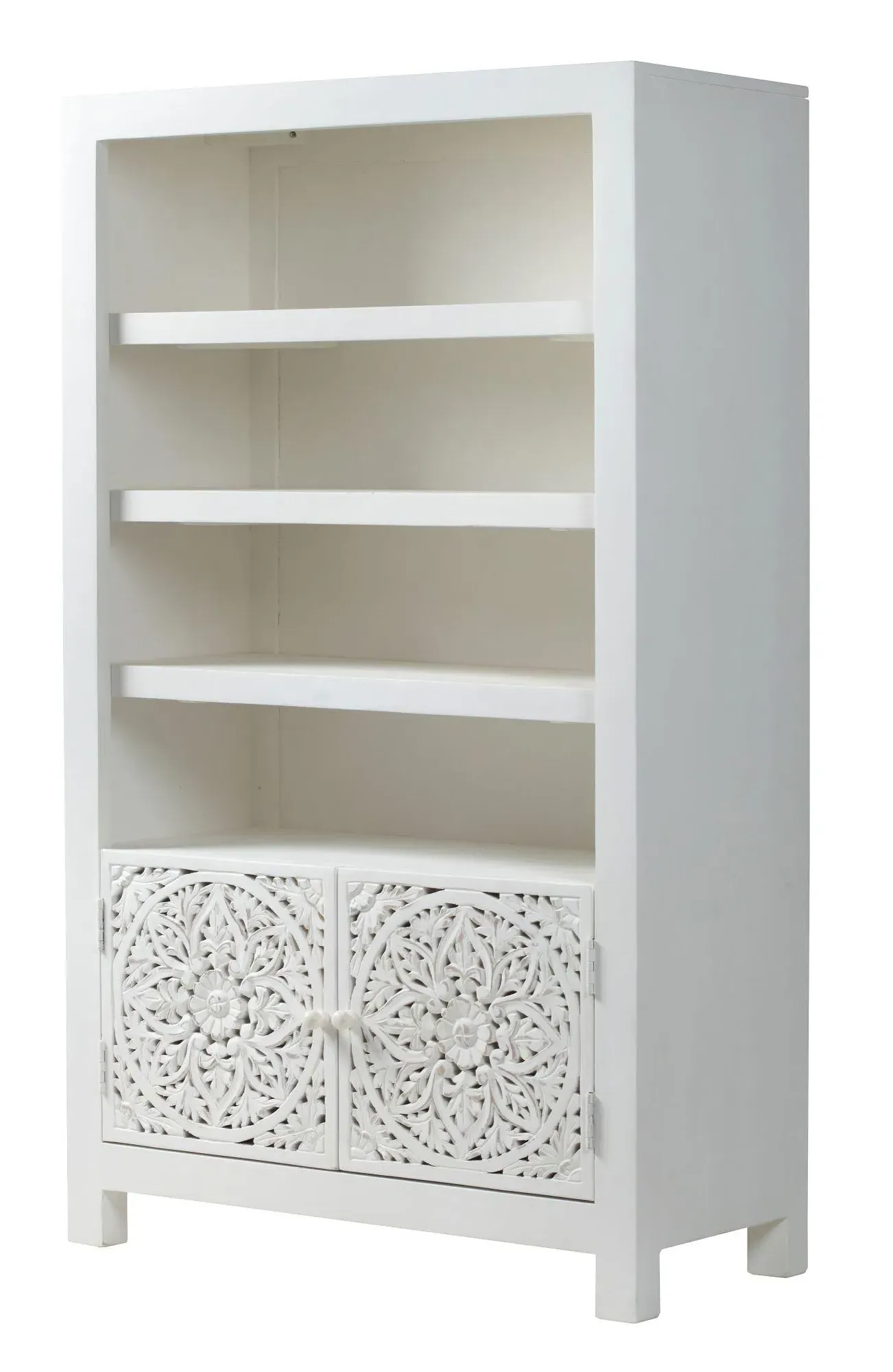 Carved Wooden Bookcase with 2 Doors - White, Mango Wood