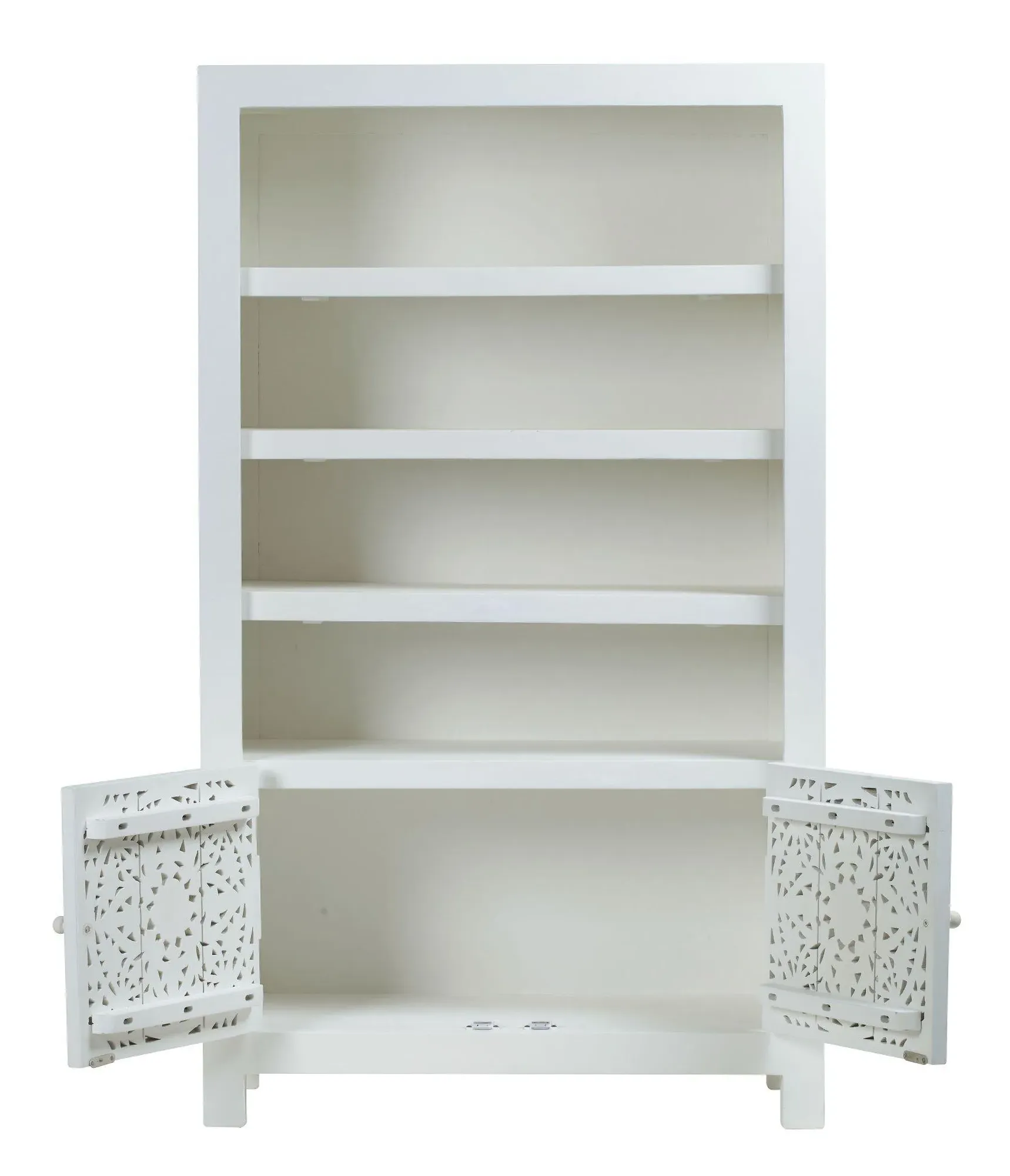 Carved Wooden Bookcase with 2 Doors - White, Mango Wood
