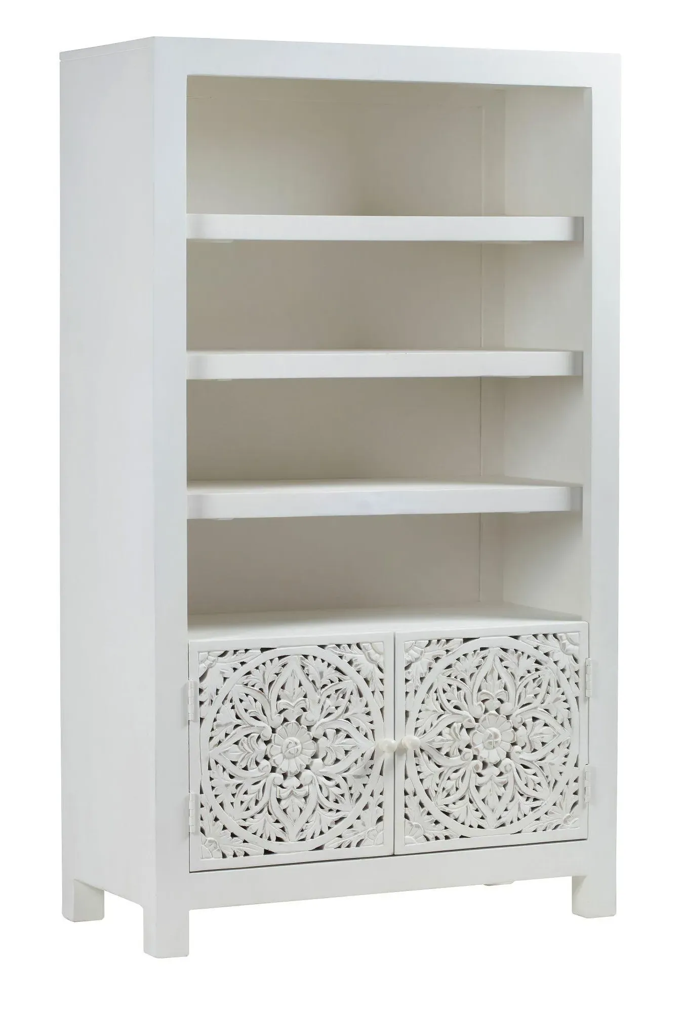 Carved Wooden Bookcase with 2 Doors - White, Mango Wood