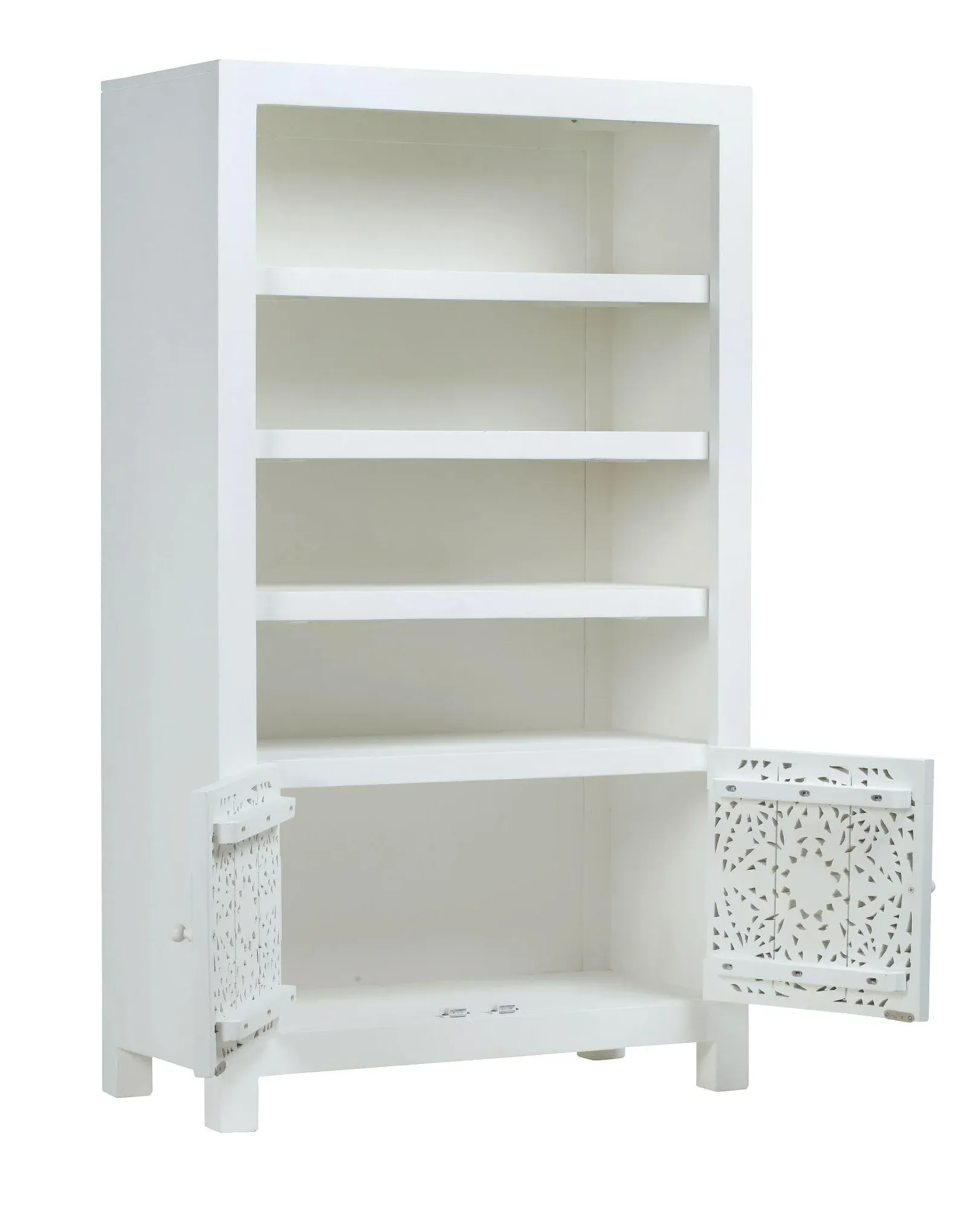 Carved Wooden Bookcase with 2 Doors - White, Mango Wood