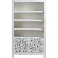 Carved Wooden Bookcase with 2 Doors - White, Mango Wood