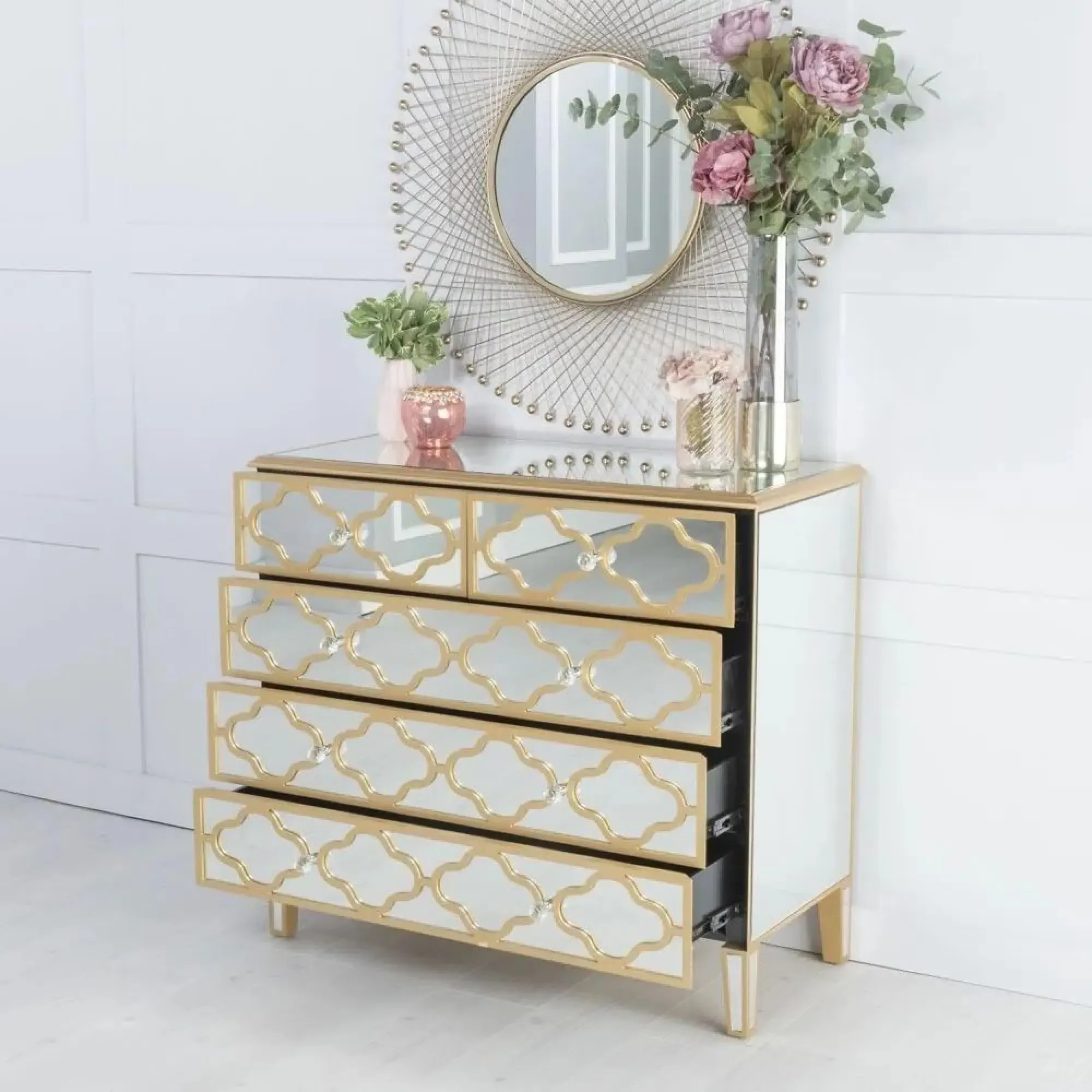 Casablanca 3+2 Drawer Chest - Gold, Mirrored