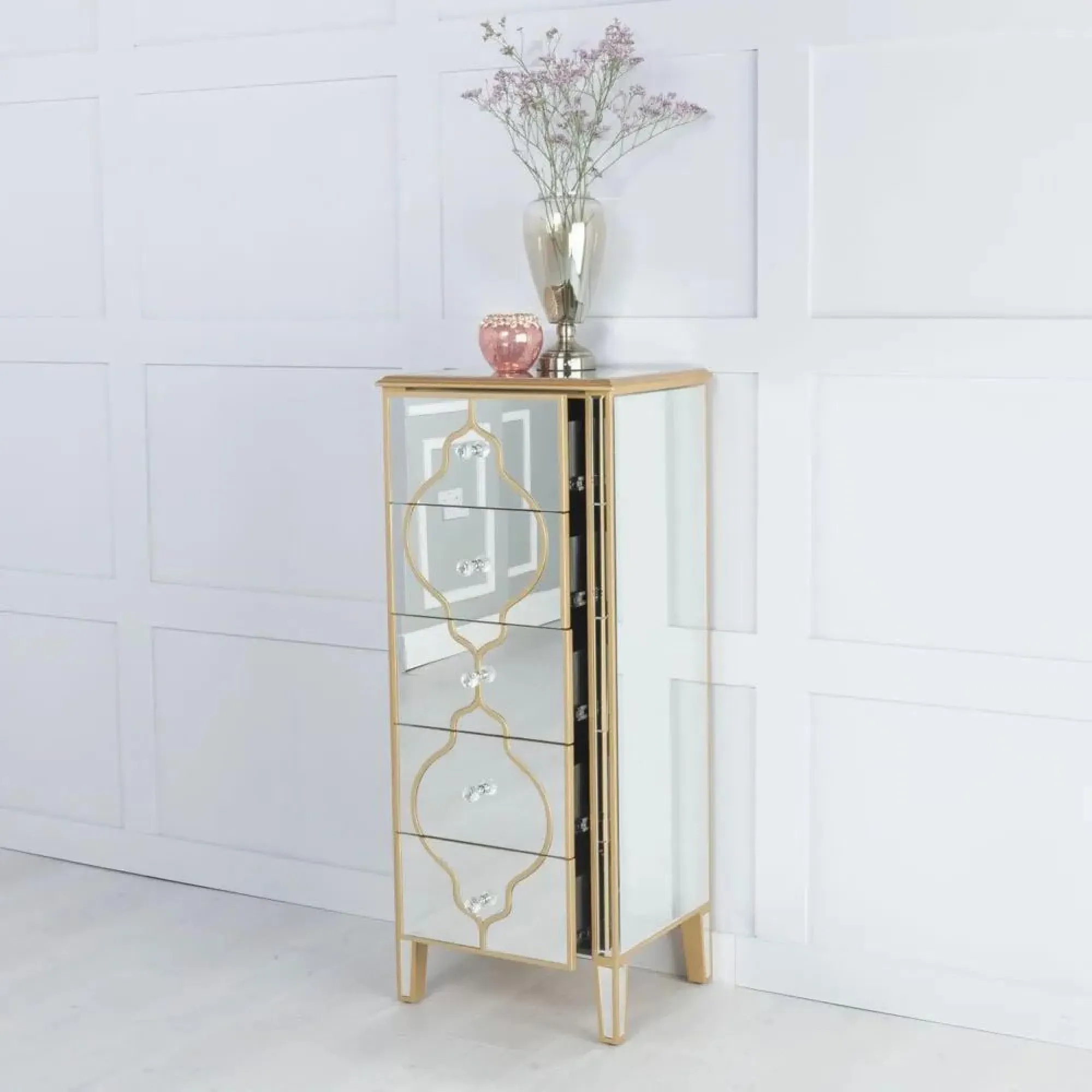 Casablanca 5 Drawer Narrow Chest - Gold, Mirrored