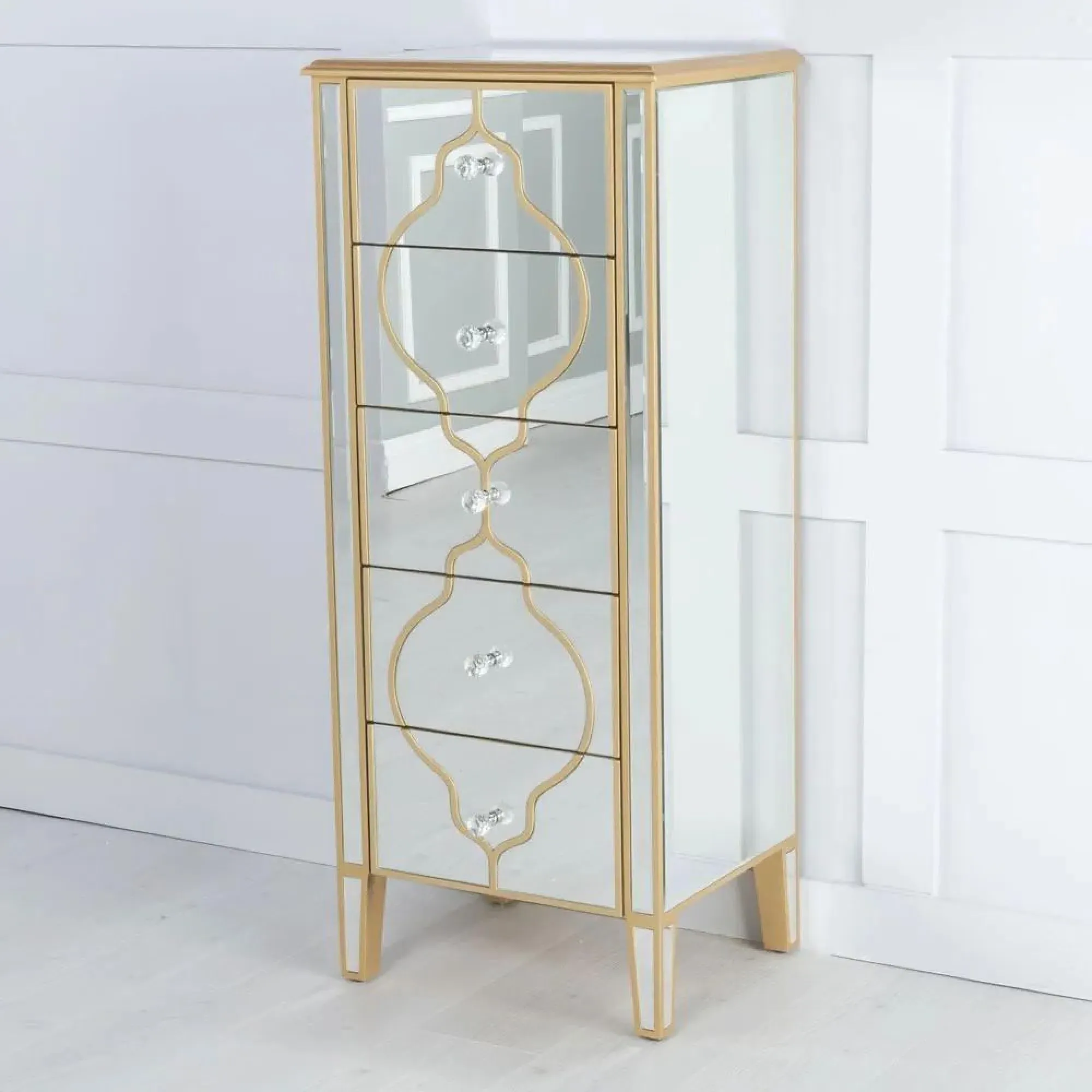 Casablanca 5 Drawer Narrow Chest - Gold, Mirrored