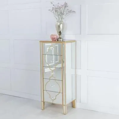 Casablanca 5 Drawer Narrow Chest - Gold, Mirrored image