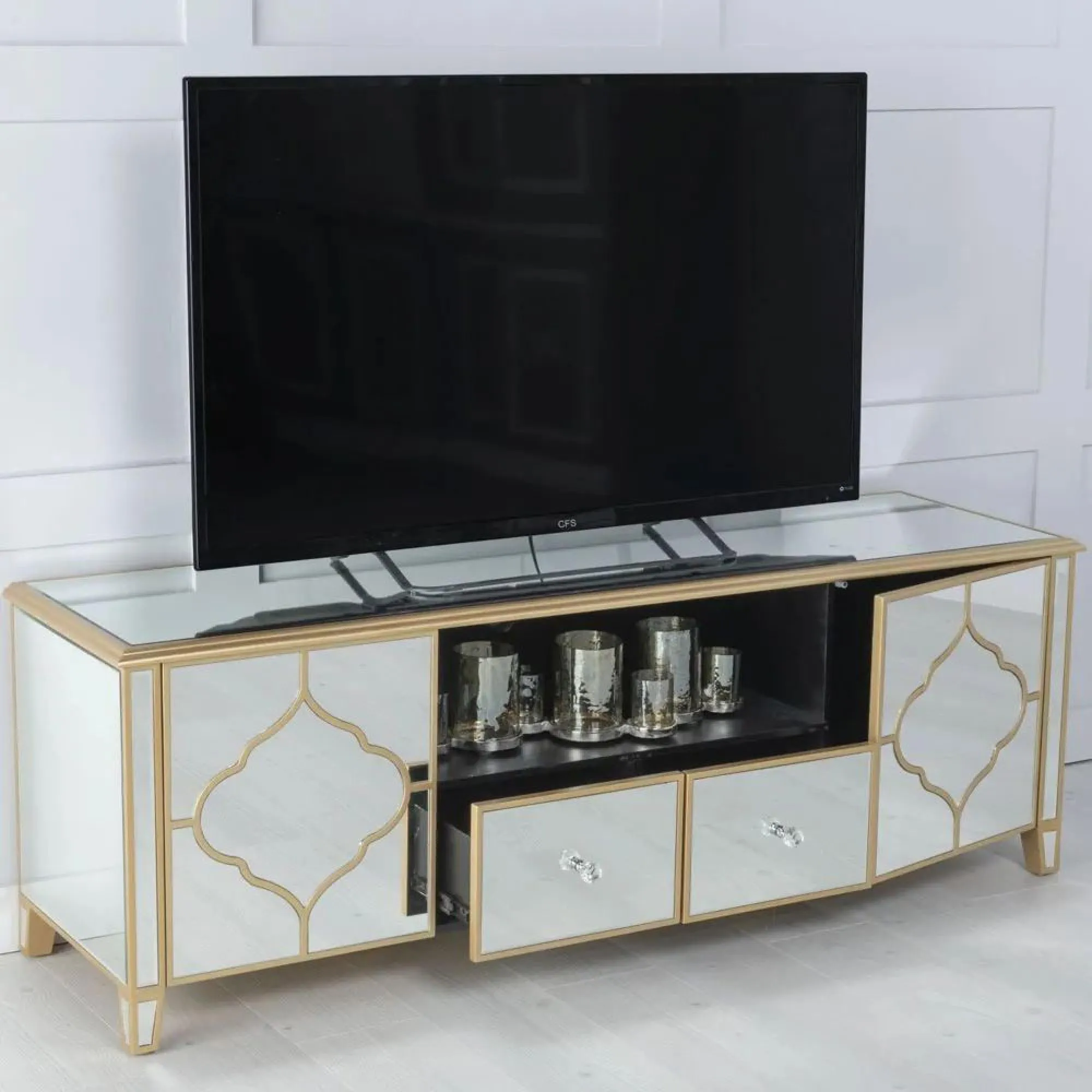 Casablanca Mirrored TV Unit with Storage - Gold