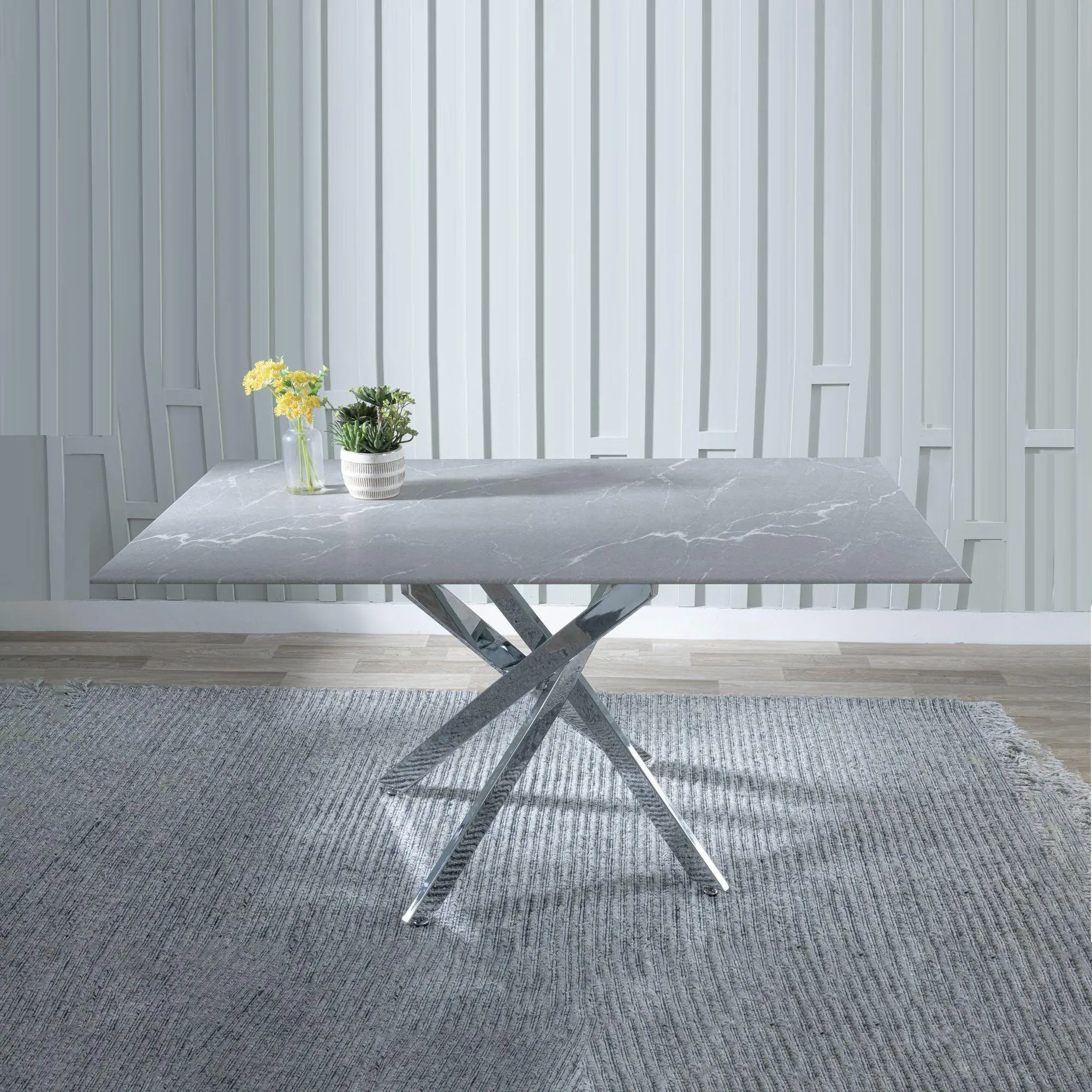 Chopstick 6-Seater Dining Table - Grey Glass, Chrome