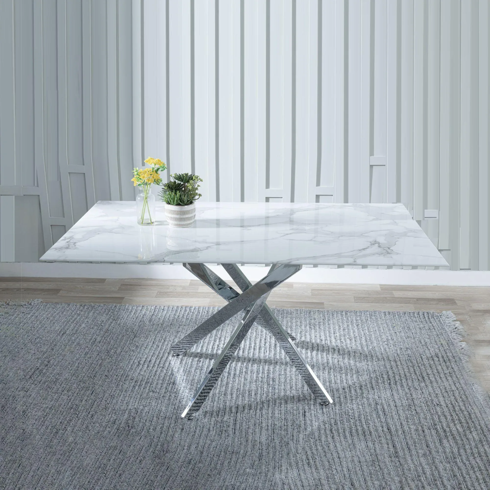 Chopstick 6-Seater Dining Table - White Glass, Chrome
