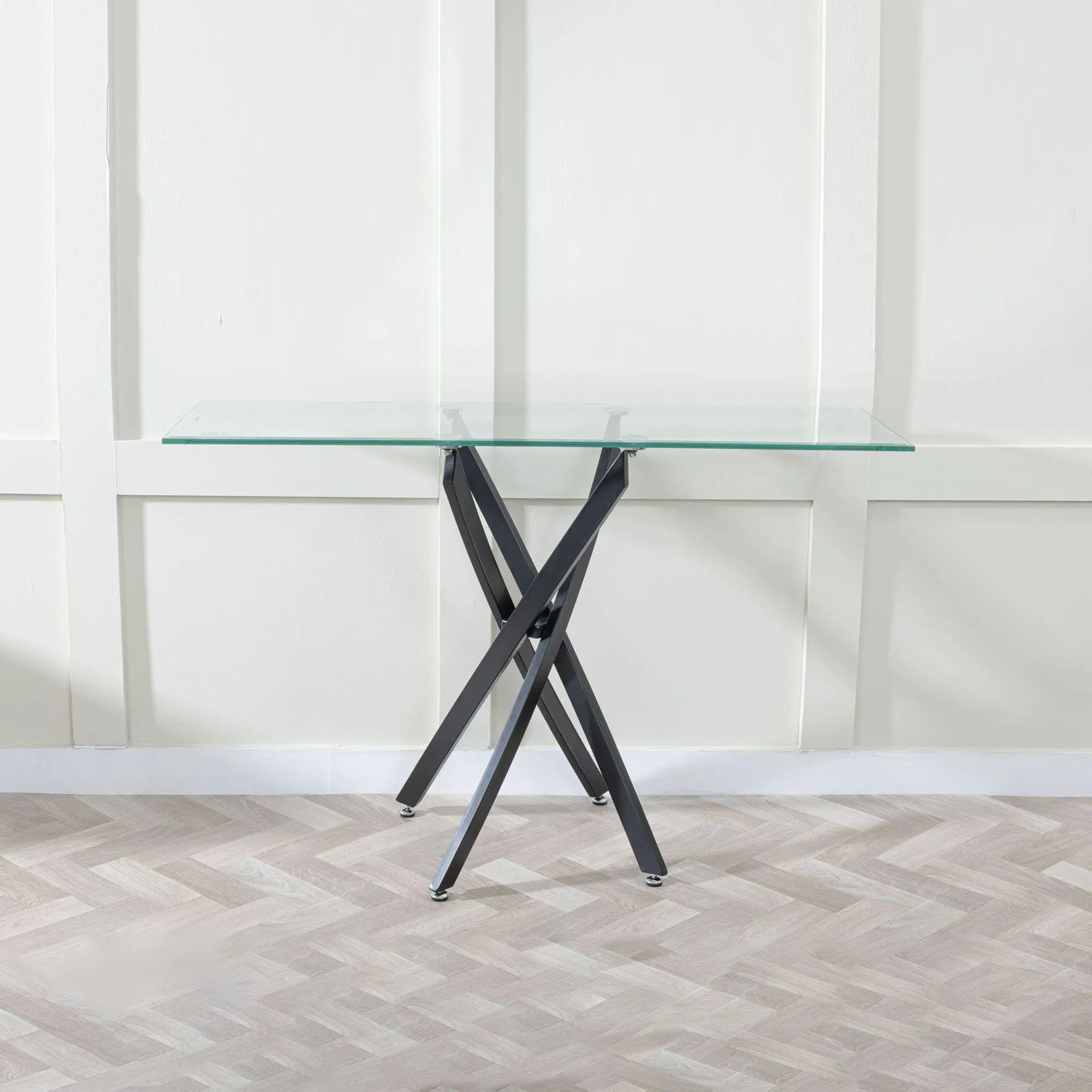 Chopstick Console Table - Clear Glass, Black Metal