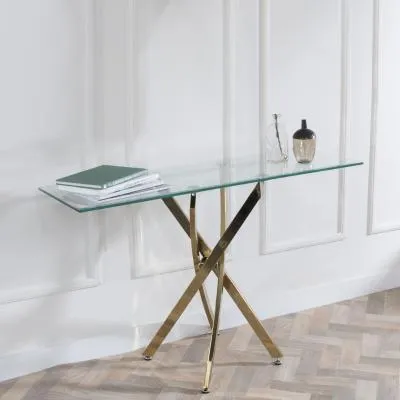 Chopstick Console Table - Clear Glass, Gold Metal