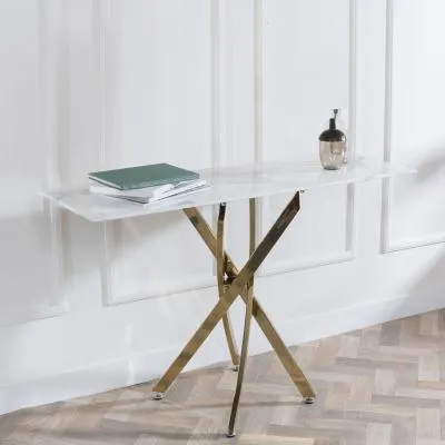 Chopstick Console Table - White Glass, Gold Metal
