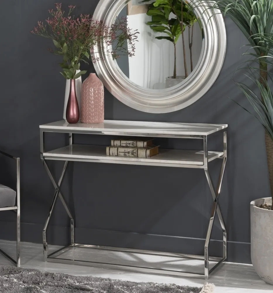 Crossroad Console Table - White, Marble