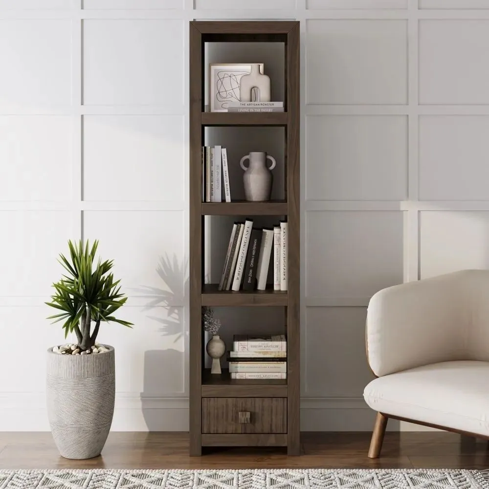 Dakota Narrow Bookshelf with Storage - Dark Walnut, Mango Wood