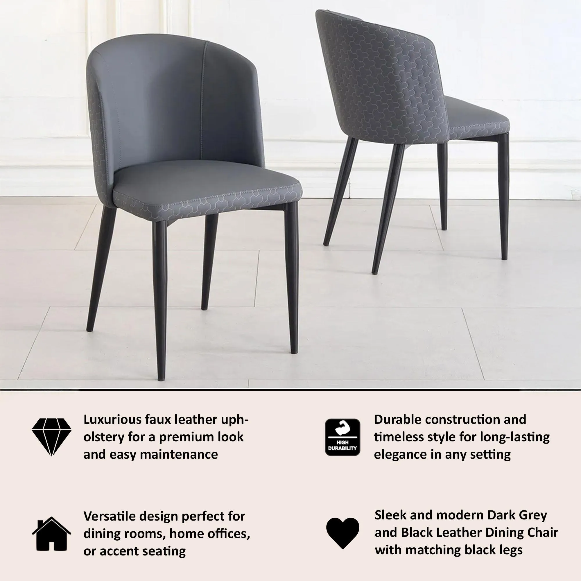 Deco Dining Chair with Black Legs - Dark Grey, Faux Leather