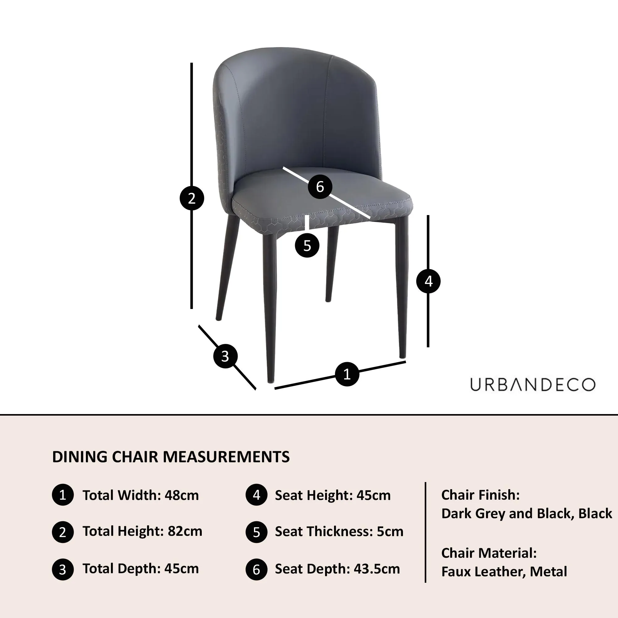 Deco Dining Chair with Black Legs - Dark Grey, Faux Leather
