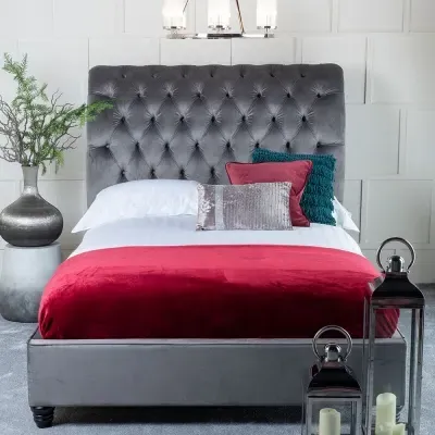 Ellis King Size Bed Frame - Grey, Velvet