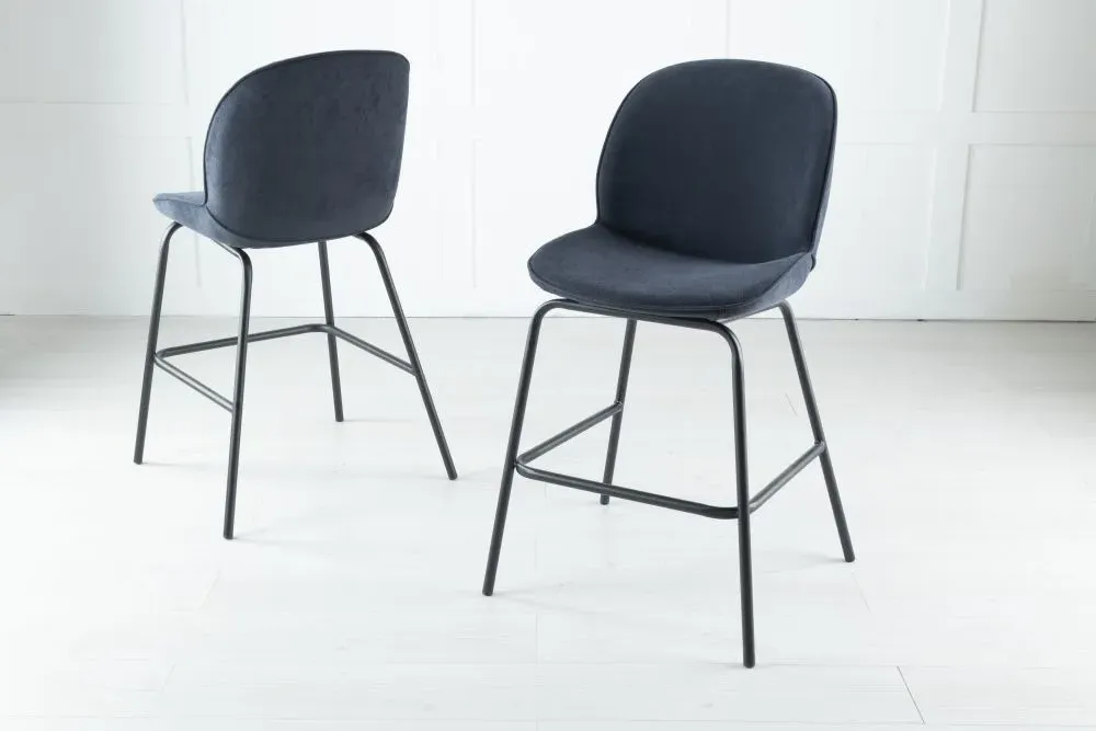 Etta Bar Stool with Black Footrest - Blue, Fabric