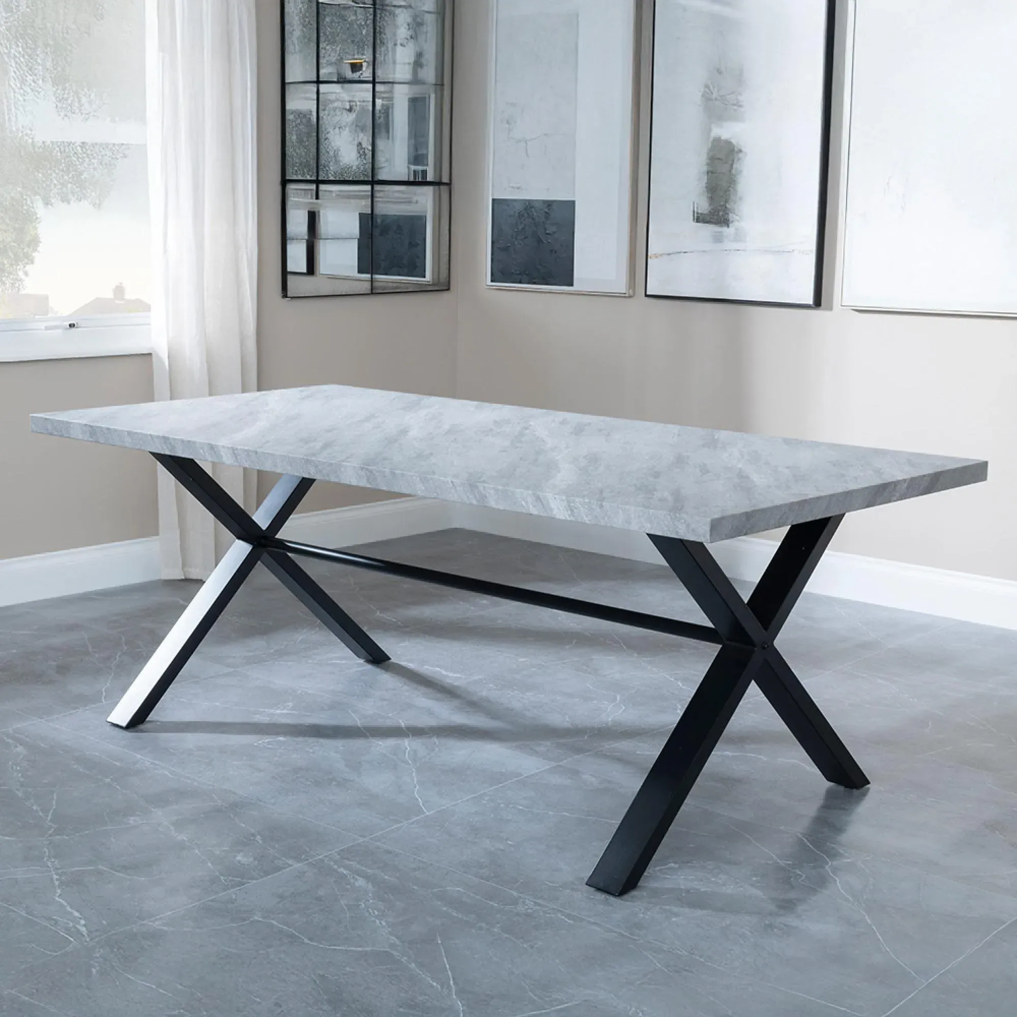 Ezra 8-Seater Dining Table with Cross Legs - Grey, MDF