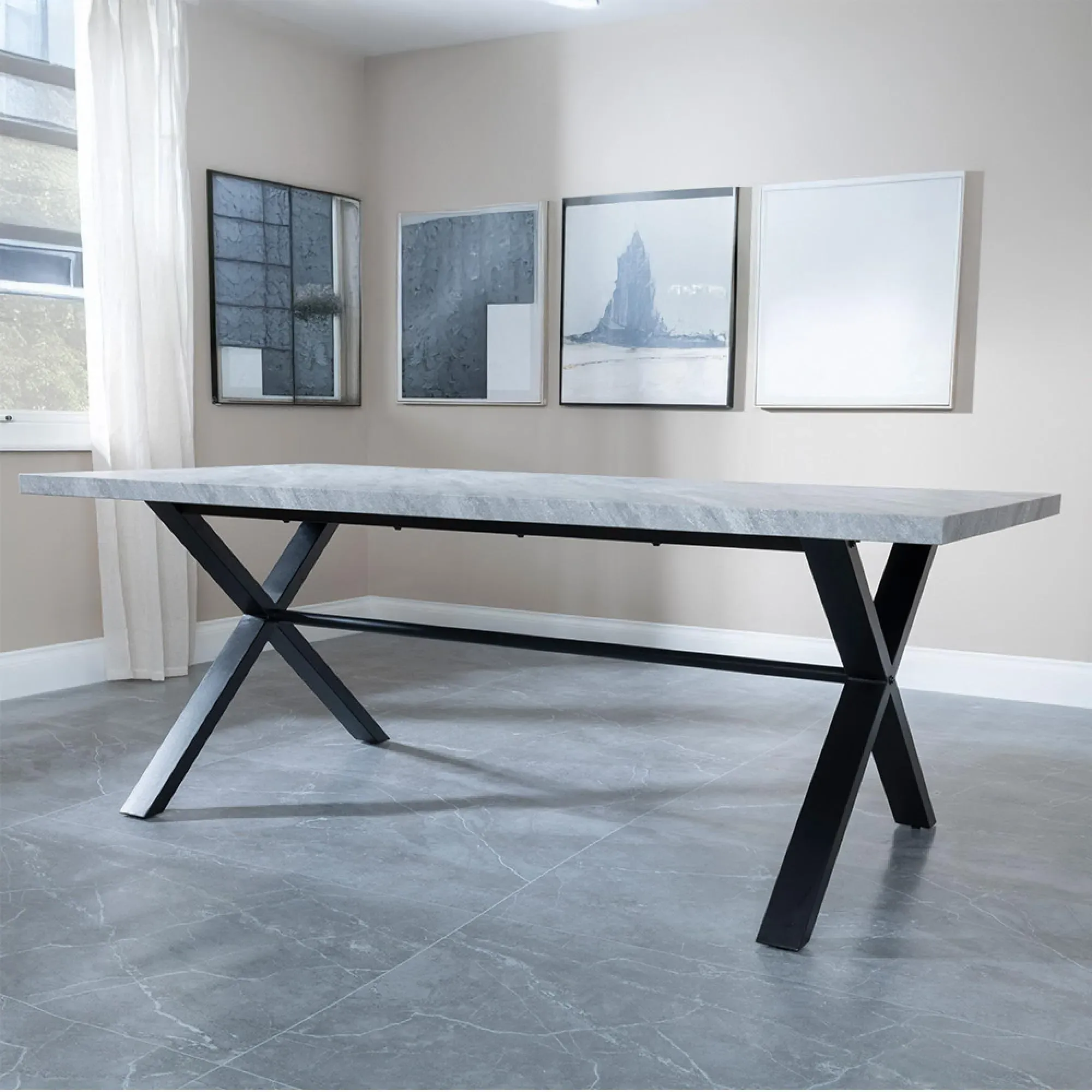 Ezra 8-Seater Dining Table with Cross Legs - Grey, MDF