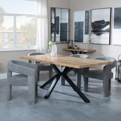 Ezra Oak Dining Set with Spider Legs - Grey, Boucle